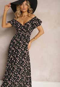 Renee - Czarna Wiskozowa Sukienka w Kwiaty z Trójkątnym Dekoltem i Gumką w Talii Lasteri. Okazja: na co dzień. Kolor: czarny. Materiał: wiskoza. Wzór: kwiaty. Sezon: wiosna. Typ sukienki: proste. Styl: elegancki, casual