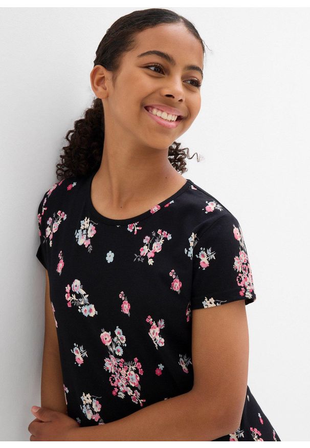 bonprix - Sukienka z dżerseju z elastycznego materiału z bawełną organiczną. Kolor: czarny. Materiał: jersey, bawełna, materiał. Wzór: kwiaty