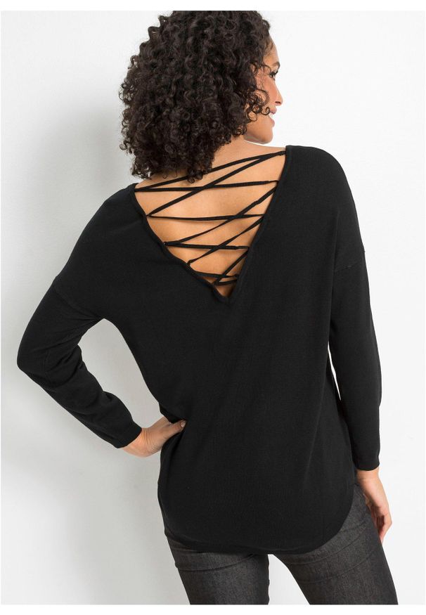 bonprix - Cienki sweter z mieszanki wiskozy. Typ kołnierza: dekolt w serek. Kolor: czarny. Materiał: wiskoza