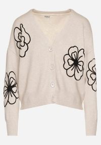 Born2be - Beżowy Kardigan na Guziki w Haftowane Kwiaty Tustara. Okazja: na co dzień. Kolor: beżowy. Materiał: jeans. Wzór: kwiaty, haft. Styl: casual #2