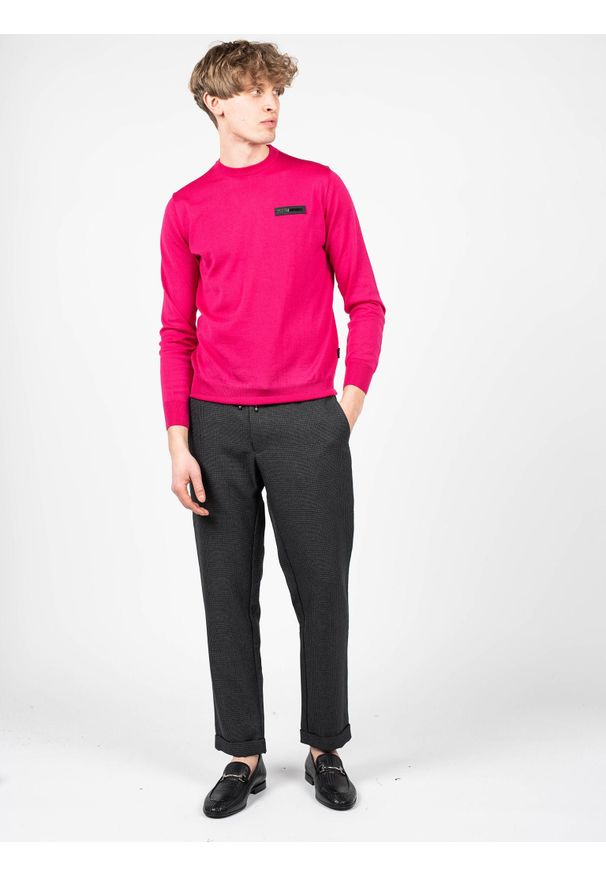Plein Sport Sweter "Merino" | MPPS90149 | Mężczyzna | Różowy. Okazja: na co dzień. Kolor: różowy. Materiał: wełna. Wzór: aplikacja. Styl: sportowy