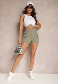 Renee - Zielone Szorty z Bawełny z Wysokim Stanem z Gumką w Talii i Kieszeniami Nellieta. Okazja: na co dzień. Stan: podwyższony. Kolor: zielony. Materiał: bawełna. Wzór: gładki. Styl: casual