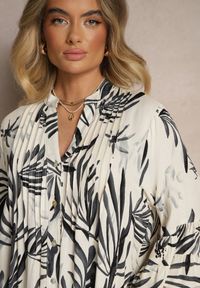Renee - Ciemnoszara Rozkloszowana Sukienka z Wiskozy z Falbanami z Motywem Roślinnym Ridivaria. Okazja: na co dzień. Typ kołnierza: dekolt w serek, kołnierz z falbankami. Kolor: szary. Materiał: wiskoza. Styl: elegancki, casual #4