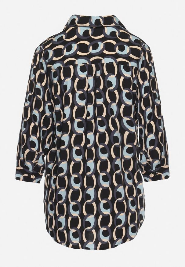 Born2be - Czarno-Niebieska Koszula z Bawełny i Wiskozy z Rękawem 3/4 i Ozdobnym Wzorem Tinari. Kolor: czarny. Materiał: wiskoza, bawełna. Sezon: wiosna, lato