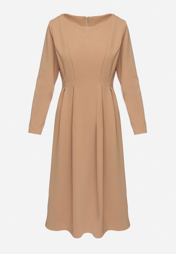 Born2be - Ciemnobeżowa Elegancka Sukienka Rozkloszowana Temarielis. Kolor: beżowy. Długość rękawa: długi rękaw. Typ sukienki: oversize, rozkloszowane. Styl: elegancki