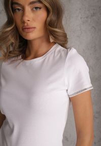 Renee - Biały T-shirt z Bawełny Ozdobiony Cyrkoniami Kallochis. Kolor: biały. Materiał: bawełna. Wzór: aplikacja #2