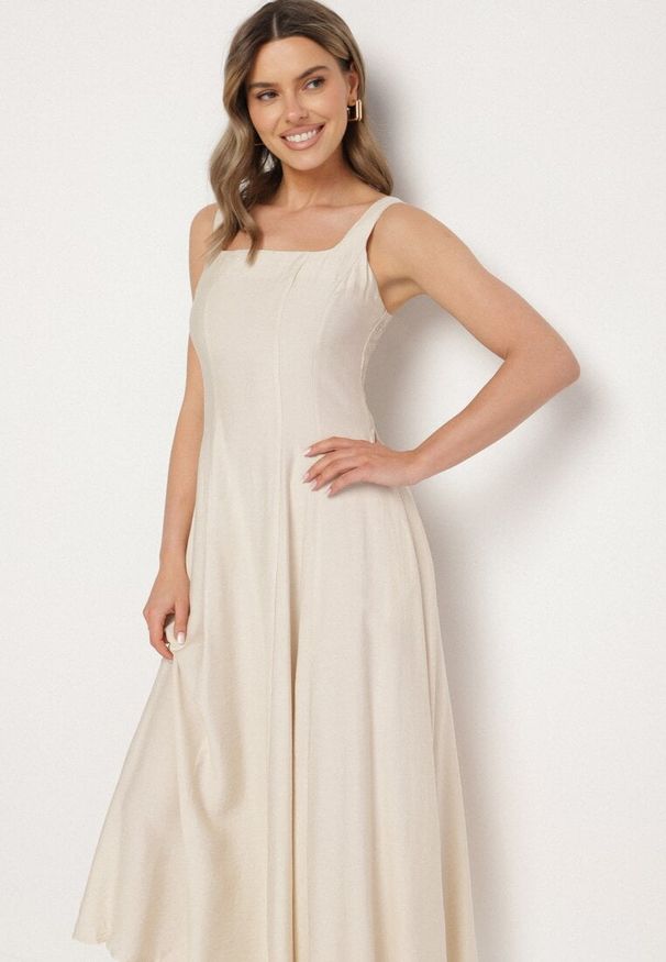 Born2be - Beżowa Wiskozowa Sukienka o Rozkloszowanym Kroju z Kwadratowym Dekoltem Avmila. Typ kołnierza: dekolt kwadratowy. Kolor: beżowy. Materiał: wiskoza. Styl: klasyczny