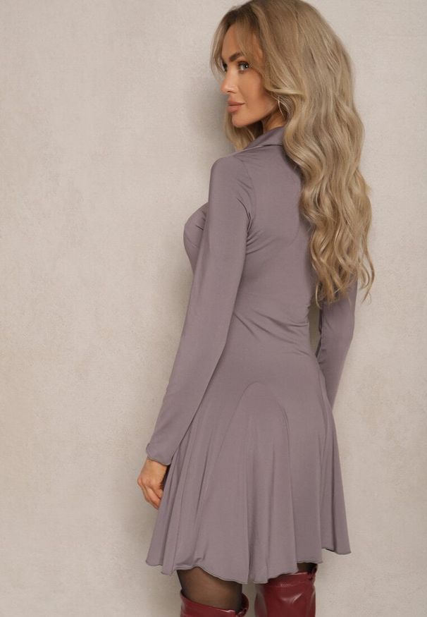 Renee - Szara Sukienka z Wiskozą o Rozkloszowanym Kroju z Kołnierzykiem Ettoria. Kolor: szary. Materiał: wiskoza. Typ sukienki: rozkloszowane. Styl: elegancki, klasyczny, wizytowy