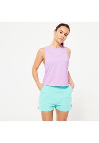 DOMYOS - Koszulka bez rękawów damska Domyos Gym & Pilates crop top. Kolor: fioletowy. Materiał: bawełna, materiał, włókno, lyocell. Długość rękawa: bez rękawów. Długość: krótkie. Sport: joga i pilates