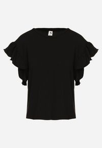 Born2be - Czarny T-shirt z Falowanym Rękawem Aidira. Kolor: czarny. Materiał: jeans. Długość rękawa: krótki rękaw. Długość: krótkie