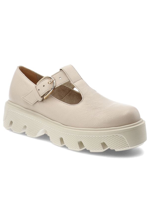 Beżowe Półbuty Armodo Stylowe Obuwie Damskie. Zapięcie: klamry. Kolor: beżowy. Materiał: skóra, jeans. Styl: elegancki