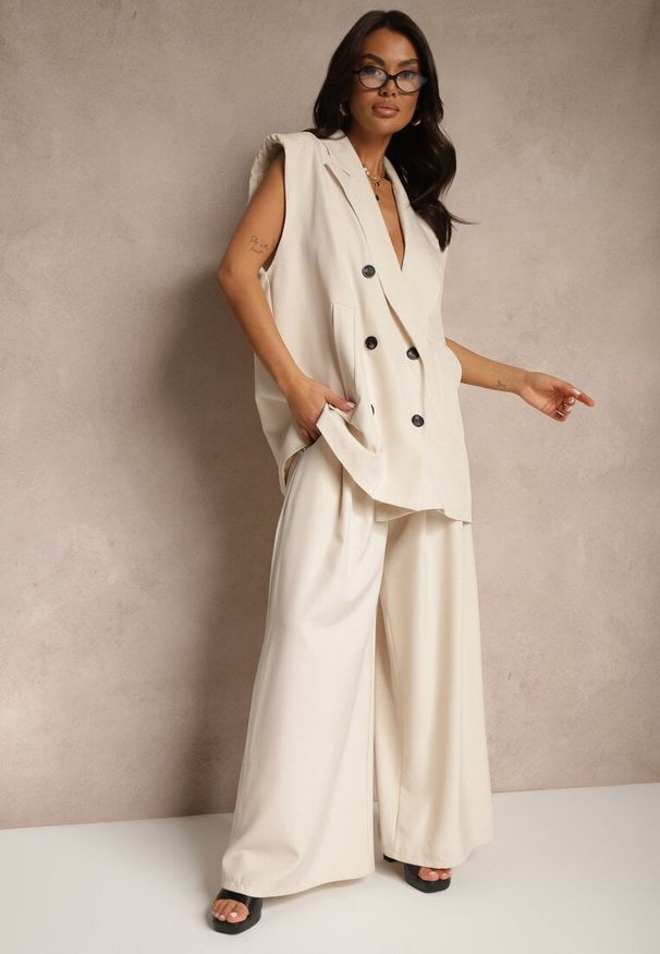 Renee - Beżowe Eleganckie Spodnie Palazzo z Szerokimi Nogawkami Adivisa. Stan: podwyższony. Kolor: beżowy. Styl: elegancki