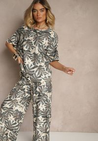 Renee - Szary Komplet z Wiskozy Zdobiony Roślinnym Printem T-shirt i Szerokie Spodnie Evialena. Kolor: szary. Materiał: wiskoza. Wzór: aplikacja, nadruk