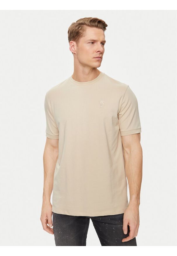 Karl Lagerfeld - KARL LAGERFELD T-Shirt 755055 542221 Beżowy Regular Fit. Typ kołnierza: dekolt w karo. Kolor: beżowy. Materiał: bawełna