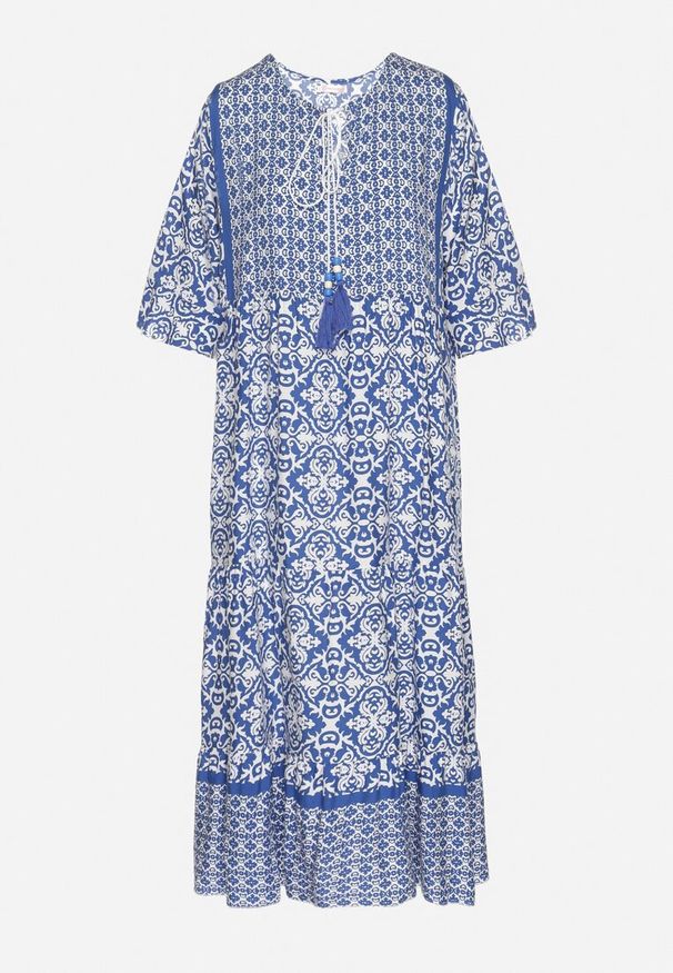 Born2be - Jasnoniebieska Bawełniana Sukienka w Stylu Boho z Wiązaniem Przy Dekolcie Orradelle. Okazja: na co dzień. Kolor: niebieski. Materiał: bawełna. Typ sukienki: proste. Styl: boho