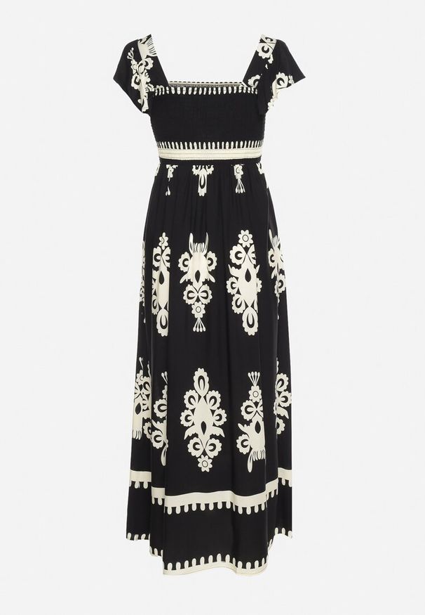 Born2be - Czarna Boho Sukienka z Wiskozy na Szerokich Ramiączkach z Gumkami w Pasie i Falbanką Cleria. Okazja: na co dzień. Kolor: czarny. Materiał: wiskoza. Długość rękawa: na ramiączkach. Styl: boho