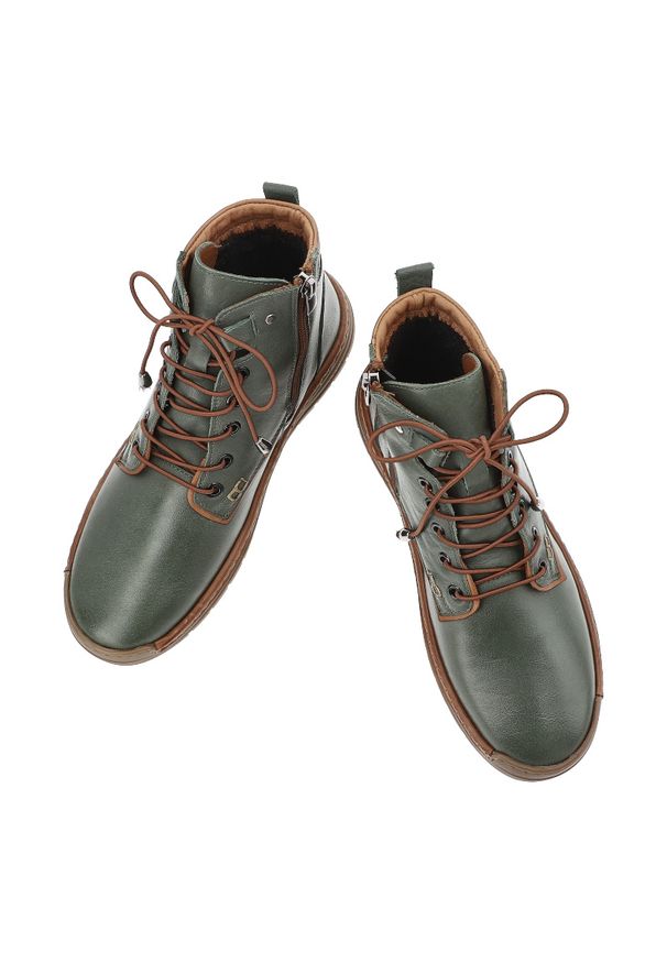 Zielone Trzewiki Artiker Modne Obuwie Damskie. Okazja: na co dzień. Zapięcie: sznurówki. Kolor: zielony. Materiał: skóra. Styl: klasyczny, casual, elegancki, sportowy