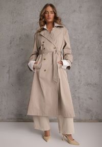 Renee - Beżowy Płaszcz Trencz z Bawełny i Wiskozy z Wiązanym Paskiem i Klapą Lissien. Kolor: beżowy. Materiał: wiskoza, bawełna #1