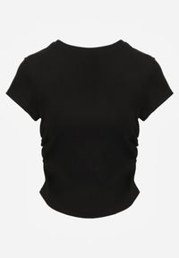 Born2be - Czarny Bawełniany T-shirt w Prążki o Dopasowanym Kroju z Marszczeniem Cherita. Okazja: na co dzień. Kolor: czarny. Materiał: bawełna. Wzór: prążki. Styl: sportowy, casual #2