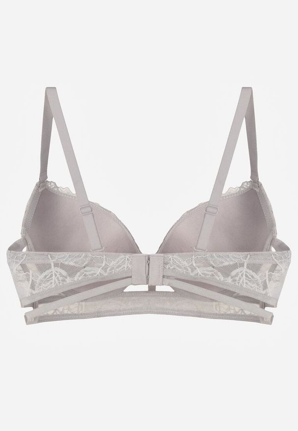 Born2be - Szaro-Różowy Klasyczny Biustonosz Zdobiony Koronką i Aplikacją Metheis. Kolor: szary. Materiał: koronka. Wzór: aplikacja, koronka