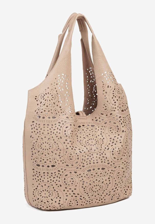 Renee - Ciemnobeżowa Torebka Shopper z Ażurowym Wzorem i Dodatkową Saszetką Merabella. Kolor: beżowy. Wzór: ażurowy. Styl: elegancki, biznesowy, casual