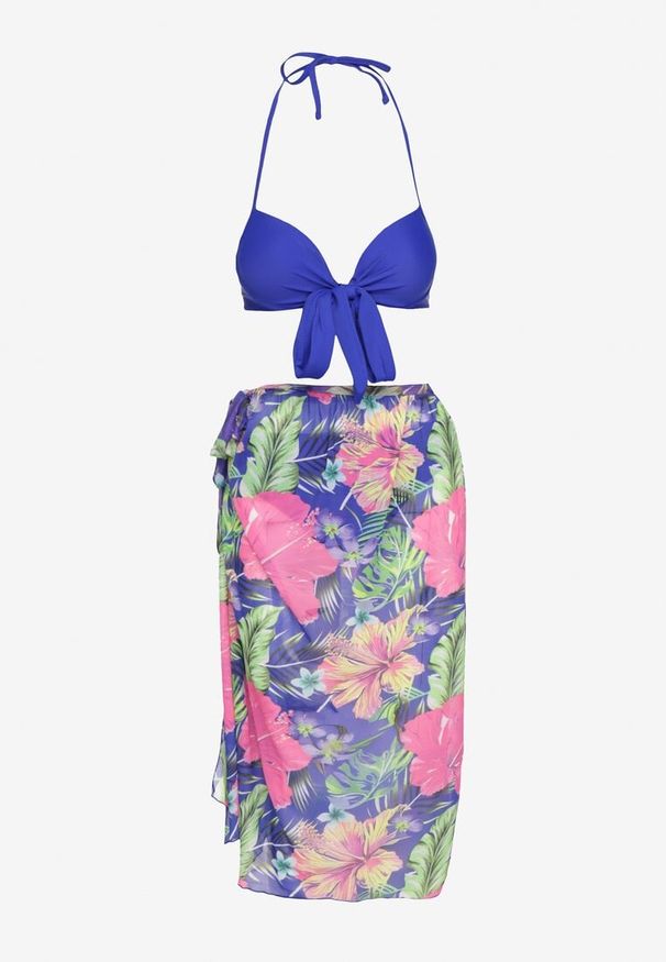 Born2be - Niebieskie Bikini Wiązany Biustonosz Majtki Typu Figi Pareo w Kwiaty Folava. Kolor: niebieski. Wzór: kwiaty