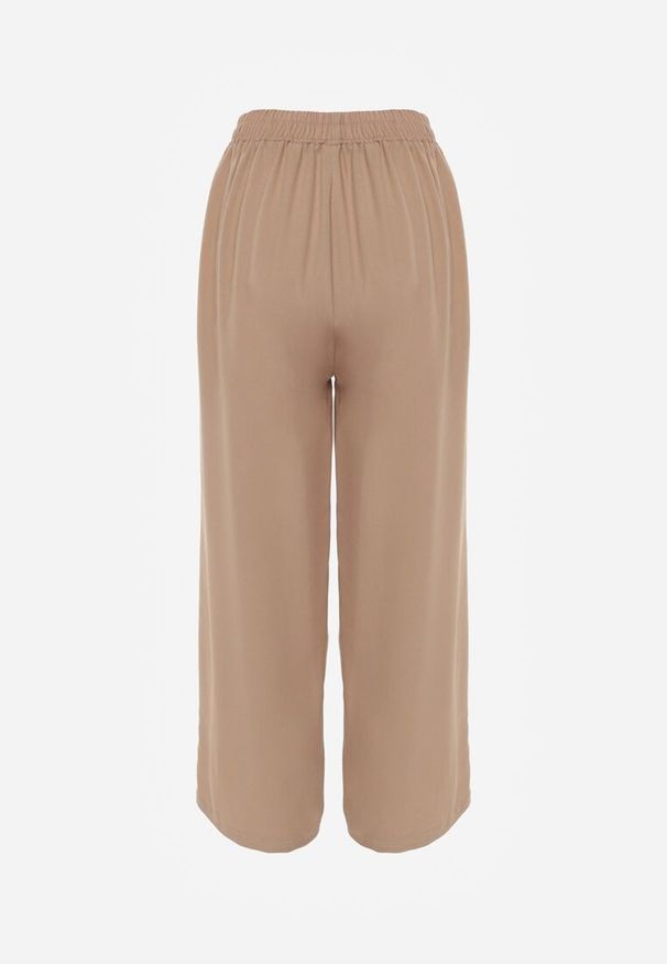 Renee - Ciemnobeżowe Spodnie z Bawełny Typu Palazzo z Gumką w Talii Fieana. Okazja: na spacer. Kolor: beżowy. Materiał: bawełna