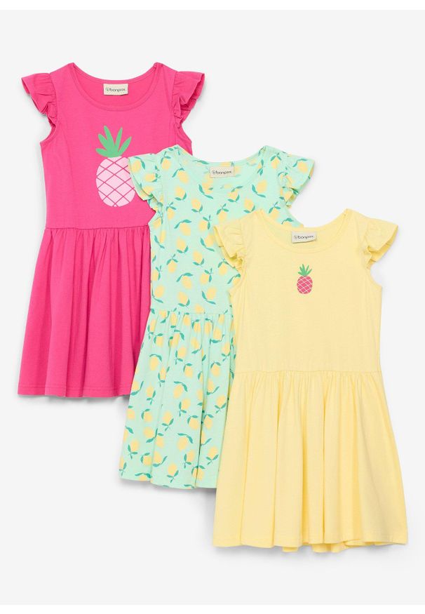 bonprix - Sukienka z dżerseju z czystej bawełny organicznej (3 szt.). Kolor: zielony. Materiał: jersey, bawełna. Długość rękawa: krótki rękaw. Wzór: nadruk. Sezon: lato. Typ sukienki: rozkloszowane