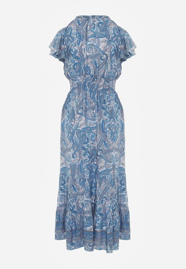 Renee - Niebieska Bawełniana Sukienka Paisley z Kopertowym Dekoltem z Falbaną i Gumką w Talii Brionea. Okazja: na co dzień. Typ kołnierza: dekolt kopertowy. Kolor: niebieski. Materiał: bawełna. Długość rękawa: krótki rękaw. Wzór: paisley. Typ sukienki: kopertowe. Styl: casual, elegancki