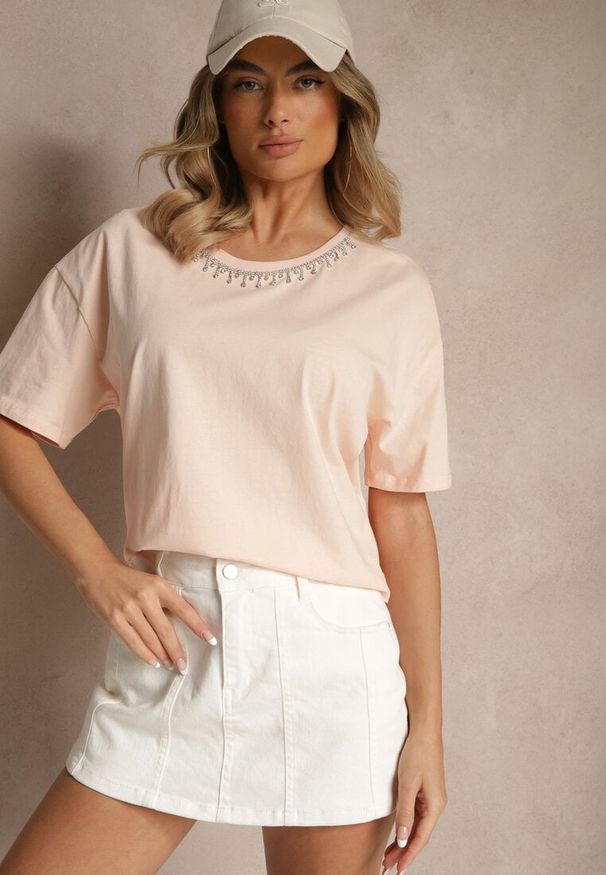 Renee - Beżowy T-shirt z Bawełny z Cyrkoniami Fadeola. Okazja: na co dzień. Kolor: beżowy. Materiał: bawełna. Styl: klasyczny, elegancki, casual