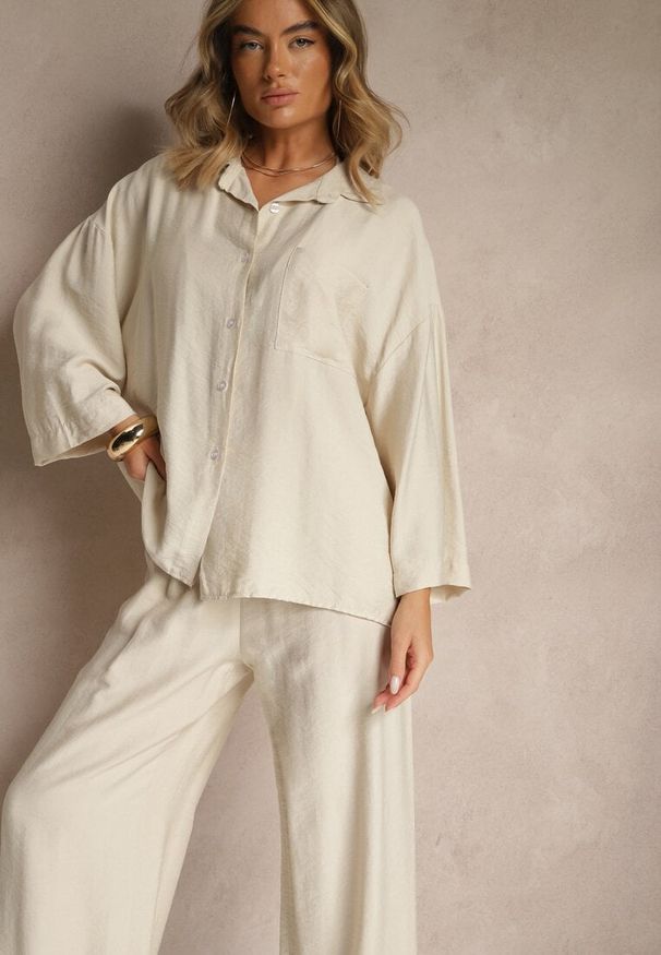 Renee - Beżowy Wiskozowy Komplet Oversize Koszula i Spodnie Wide Leg Zierana. Kolor: beżowy. Materiał: wiskoza