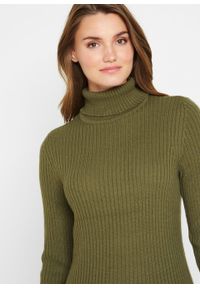 Sweter z golfem, w prążek bonprix ciemnooliwkowy. Typ kołnierza: golf. Kolor: zielony. Wzór: prążki #6