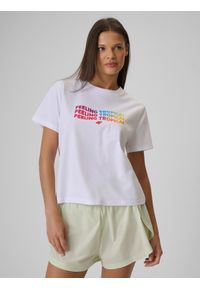 4f - 4F T-shirt boxy z nadrukiem damski - biały S. Okazja: na co dzień. Kolor: biały. Materiał: dzianina, materiał, bawełna. Wzór: nadruk. Styl: casual #1