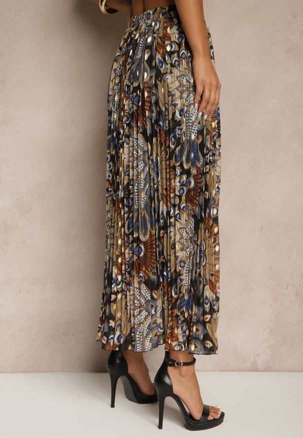 Renee - Czarna Spódnica Plisowana Ozdobiona Metalicznym Nadrukiem Firavenne. Okazja: do pracy, na co dzień. Kolor: czarny. Wzór: nadruk, aplikacja. Styl: casual, klasyczny