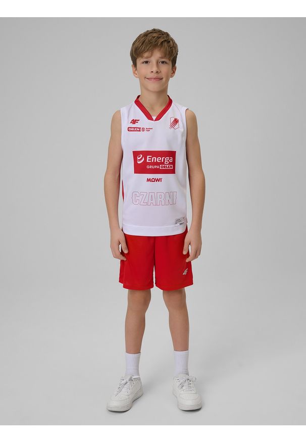 4f - 4F Koszulka meczowa replika domowa z sezonu 2025/26 dziecięca 4F x Czarni Słupsk - biała 110/116. Kolor: biały. Materiał: materiał. Wzór: nadruk. Sezon: lato. Sport: fitness