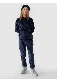 4f - 4F Bluza dresowa z weluru nierozpinana z kapturem dziewczęca - granatowa 164 (13-14 lat). Okazja: na co dzień. Typ kołnierza: kaptur. Kolor: niebieski. Materiał: welur, dresówka. Wzór: jednolity, gładki, ze splotem. Sezon: lato. Styl: casual, sportowy #2
