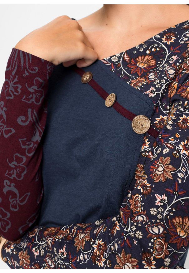 bonprix - Shirt z guzikami. Typ kołnierza: dekolt w serek. Kolor: niebieski. Długość rękawa: długi rękaw. Długość: długie. Wzór: nadruk, kwiaty