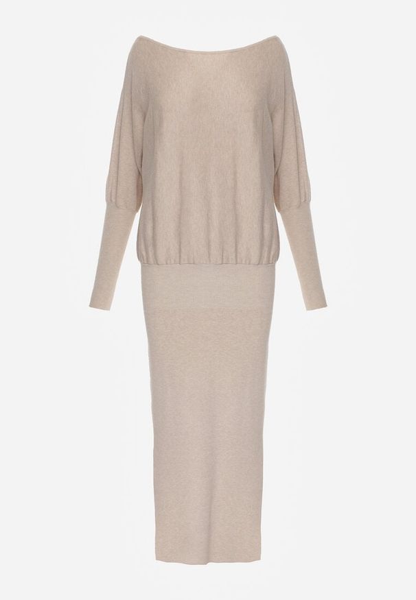 Renee - Beżowa Nietoperzowa Sukienka z Dzianiny z Wiskozą z Dekoltem w Łódkę Yuzoma. Typ kołnierza: dekolt w łódkę. Kolor: beżowy. Materiał: dzianina, wiskoza. Typ sukienki: oversize