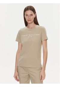 TOMMY HILFIGER - Tommy Hilfiger T-Shirt Logo WW0WW40276 Beżowy Regular Fit. Kolor: beżowy. Materiał: bawełna #1