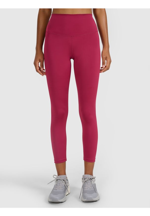 4f - 4F Legginsy treningowe 7/8 z wysokim stanem damskie - czerwone XS. Stan: podwyższony. Kolor: czerwony. Materiał: włókno, elastan, dzianina, materiał, poliester. Wzór: gładki, ze splotem. Sport: fitness