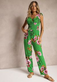 Renee - Zielony Kombinezon z Ściągaczami na Ramionach w Kwiatowy Wzór Almora. Kolor: zielony. Materiał: tkanina. Wzór: kwiaty. Sezon: lato