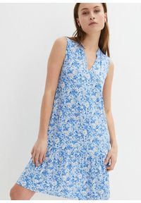 bonprix - Sukienka shirtowa w kwiaty. Kolor: niebieski. Długość rękawa: krótki rękaw. Wzór: kwiaty #1