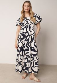 Born2be - Granatowa Wiskozowa Sukienka z Bufiastymi Rękawami w Abstrakcyjny Wzór Tibee. Okazja: na co dzień. Kolor: niebieski. Materiał: wiskoza. Wzór: nadruk. Typ sukienki: proste. Styl: wakacyjny, casual, elegancki #4