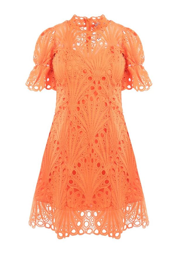 Born2be - Pomarańczowa Sukienka Adoneus. Typ kołnierza: kołnierz z falbankami. Kolor: pomarańczowy. Materiał: koronka. Wzór: koronka. Styl: klasyczny. Długość: midi