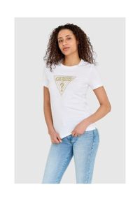 Guess - GUESS Biały t-shirt damski ze złotym haftowanym cyrkoniami logotypem slim fit. Kolor: biały. Materiał: bawełna. Wzór: haft #3