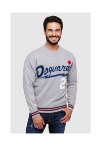DSQUARED2 Szary sweter męski z granatowym logo, Rozmiar S. Kolor: szary. Materiał: wełna. Wzór: aplikacja