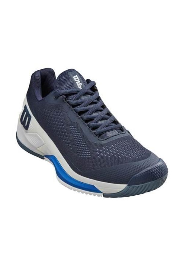 Buty do tenisa męskie Wilson Rush Pro 4.0. Zapięcie: sznurówki. Kolor: wielokolorowy, niebieski. Materiał: materiał, syntetyk, tkanina. Szerokość cholewki: normalna. Sport: tenis