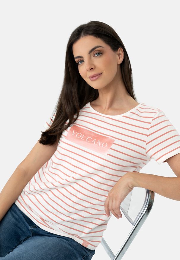 Volcano - T-shirt w paski T-VIV. Kolor: pomarańczowy. Materiał: bawełna, skóra, materiał. Długość rękawa: krótki rękaw. Długość: krótkie. Wzór: paski. Styl: klasyczny