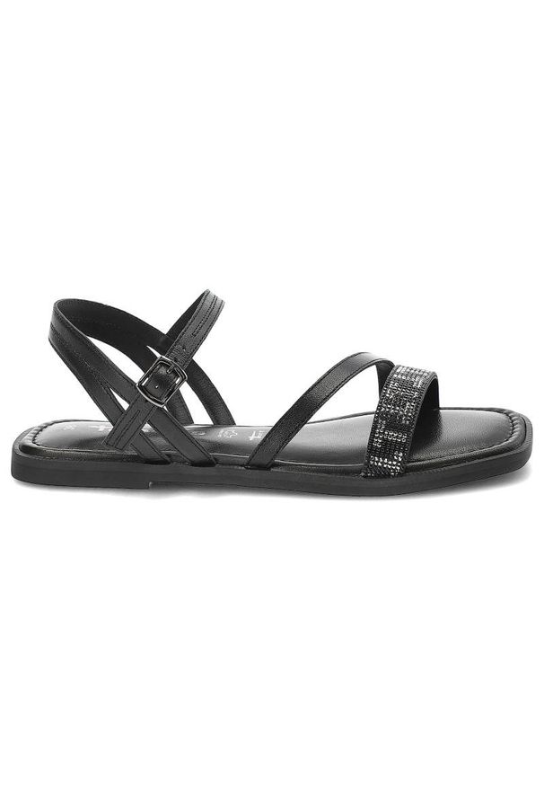 Czarne Sandały Tamaris Eleganckie Płaskie Buty. Okazja: na co dzień. Zapięcie: pasek. Kolor: czarny. Materiał: skóra. Wzór: paski. Sezon: lato. Obcas: na płaskiej podeszwie. Styl: elegancki