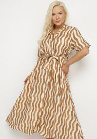 Born2be - Brązowa Pudełkowa Sukienka z Wiskozy w Geometryczny Wzór z Paskiem Luniretia. Okazja: na co dzień. Kolor: brązowy. Materiał: wiskoza. Wzór: geometria. Sezon: wiosna, lato. Styl: casual, elegancki, klasyczny #5